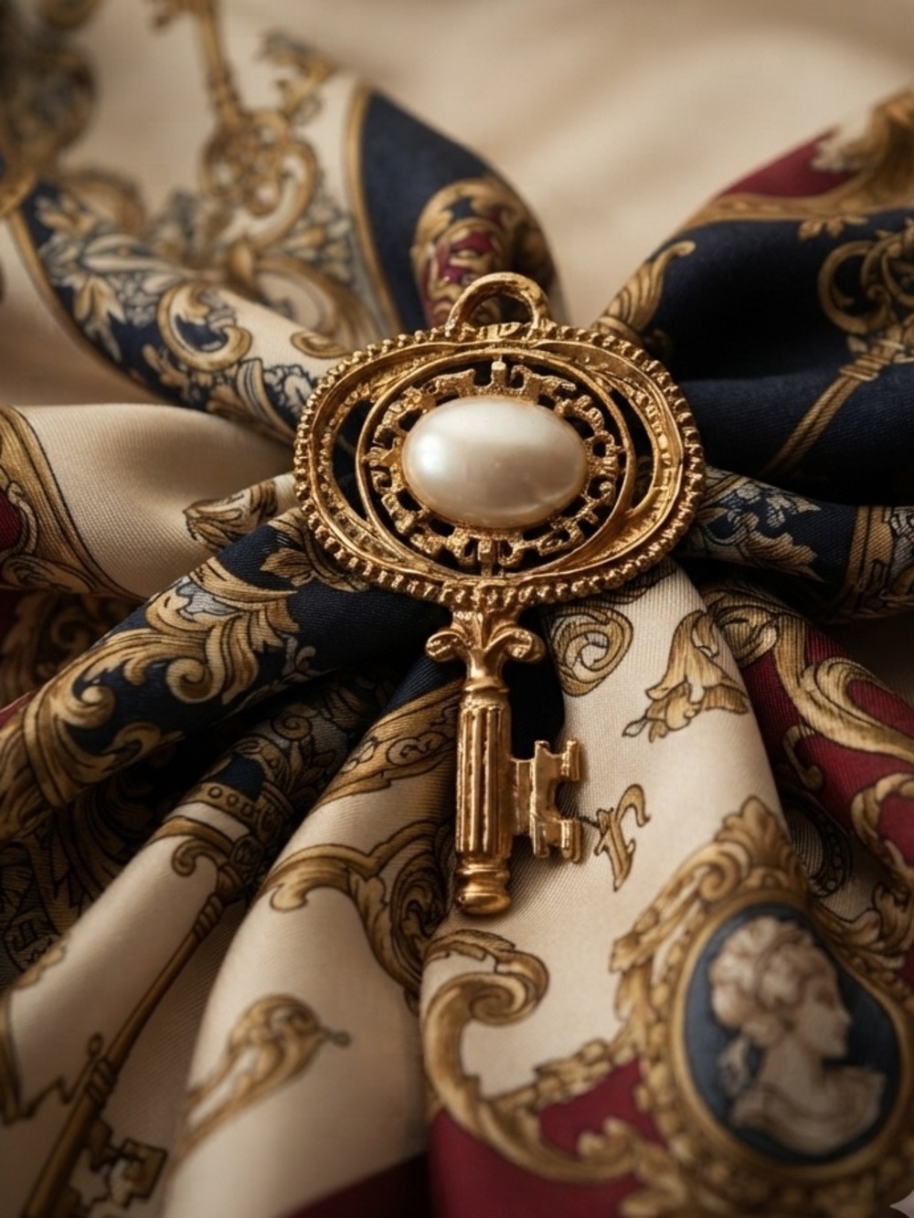 Vintage Gold Tone Skeleton Key Brooch Faux Pearl Cabochon Pendant Pin 80s